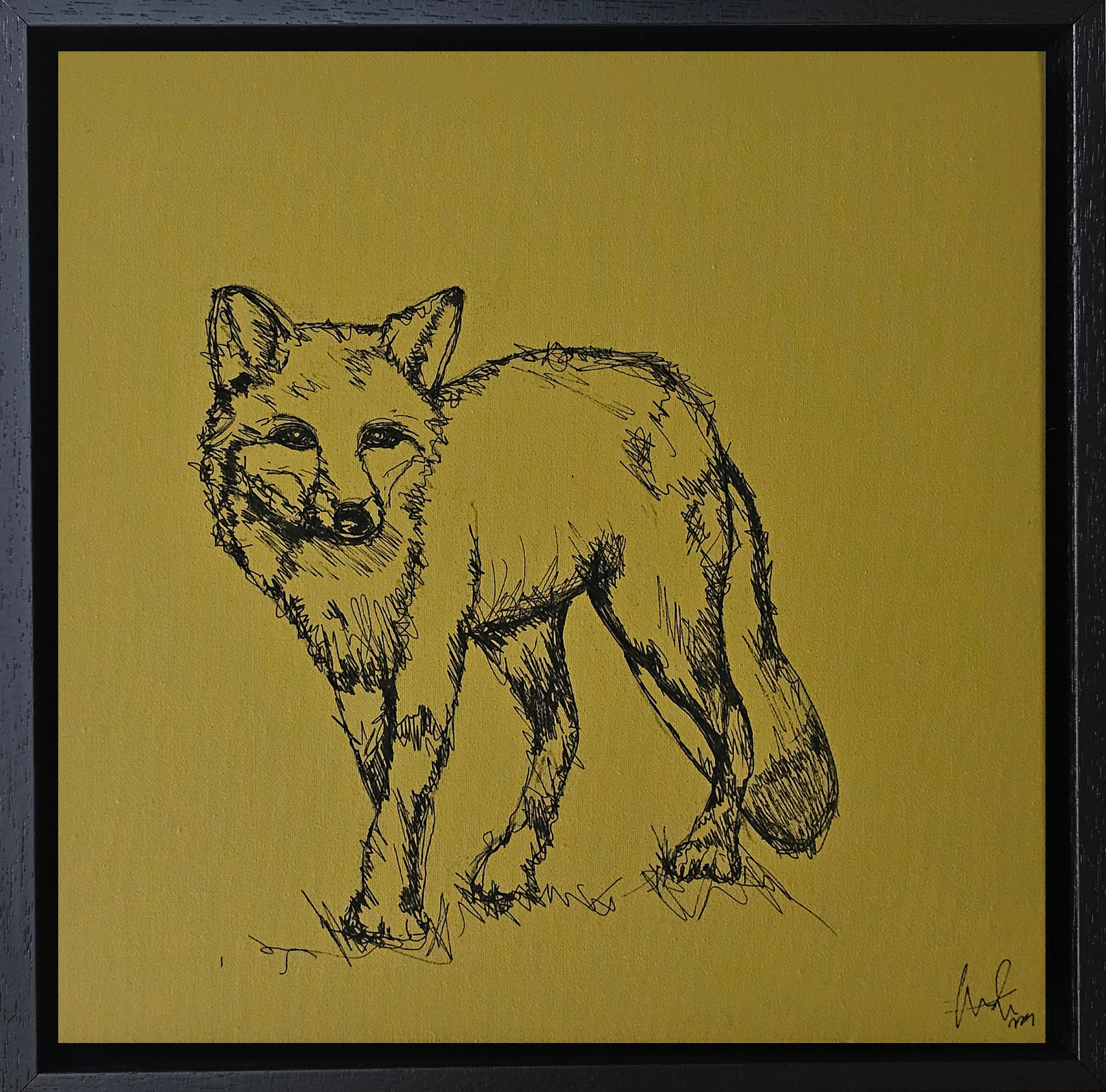 Original Irish fox artwork in black ink on heritage green acrylic background, Connemara wildlife art
