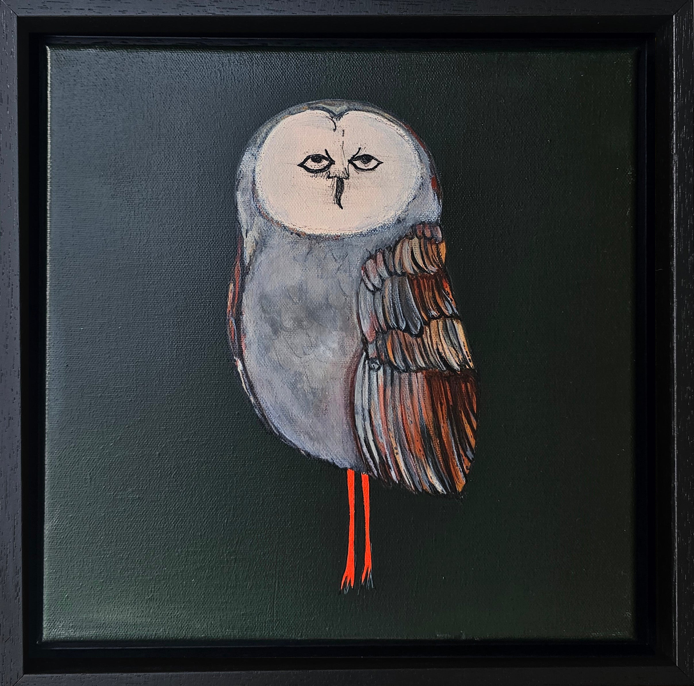 Original hand-painted barn owl artwork in black ink on acrylic background, Connemara wildlife art
