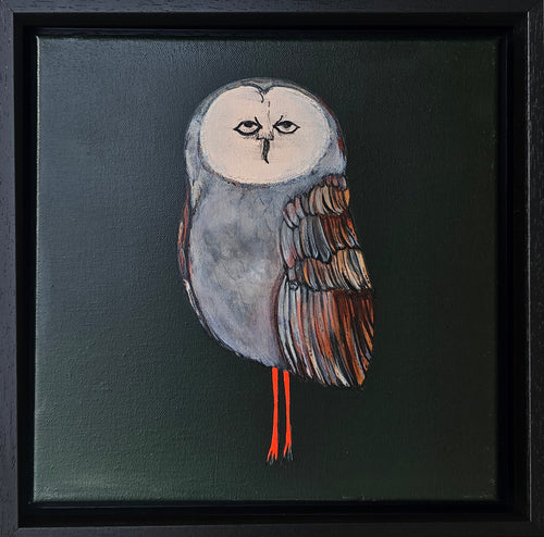 Original hand-painted barn owl artwork in black ink on acrylic background, Connemara wildlife art

