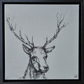 Original deer artwork in black ink on light gray acrylic background, Connemara wildlife art
