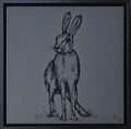 Original sketch on Antharcite grey background of Irish hare in black ink