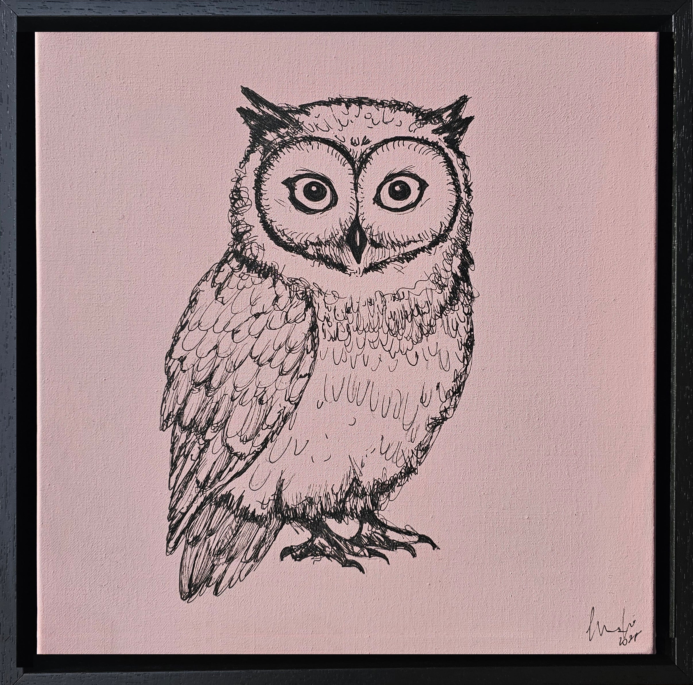 Black ink drwing of Native Owl on a dusty pink background